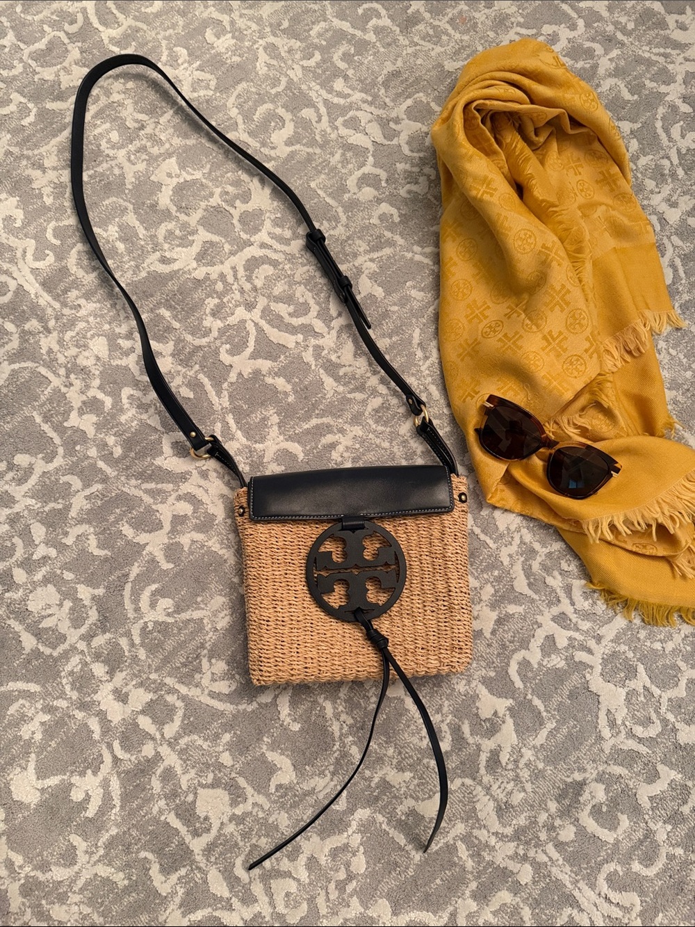Tory Burch Natural Woven Crossbody with Black Leather Trim